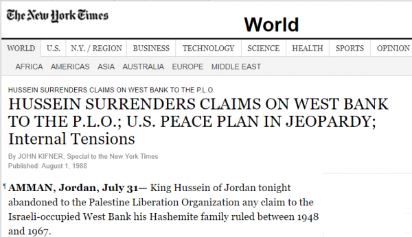 New York Times report on Jordan’s King Hussein relinquishing claims to Judea-Samaria (Aug. 1, 1988)